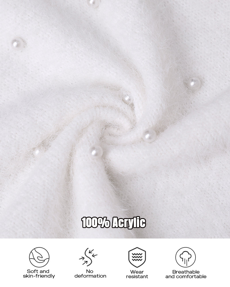 V-Neck Long Sleeve Beaded Decor Oversized Sweater Fluffy Pullover Top - Image 3