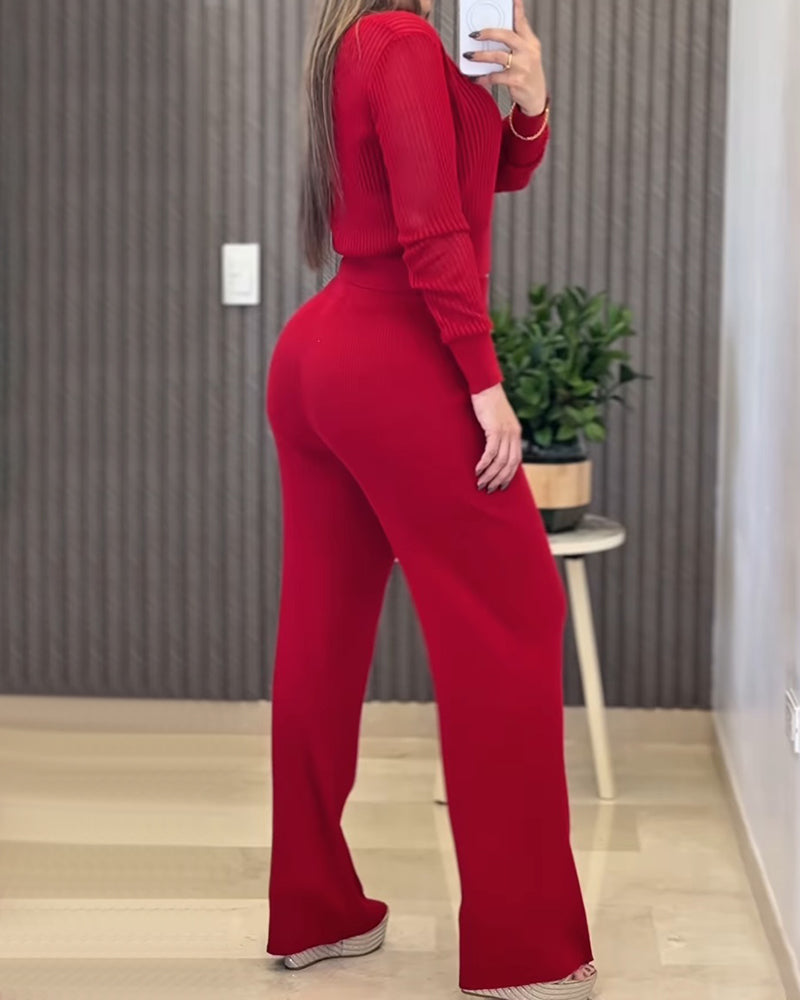 Round Neck Long Sleeve Vertical Pit Texture Top and Casual Wide Leg Pants Set - Image 8
