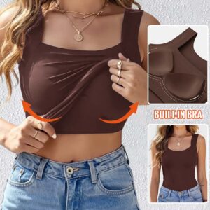 U-Neck Sleeveless Tank Seamless Skinny Layering Top with Built-In Bra