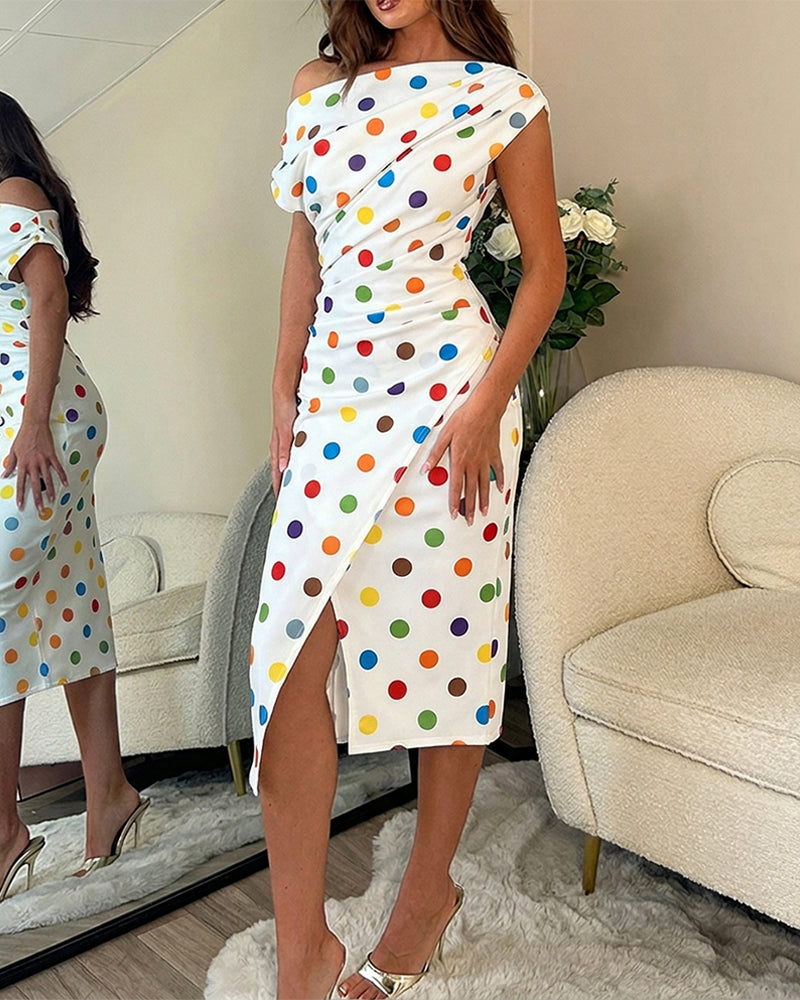 Women's Skew Neck Midi Dress Colorful Polka Dot Ruched Bodycon Dress Elegant Slit French Style Wrap Vacation Dress - Image 3