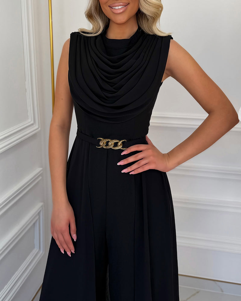 Women's Cowl Neck Wide Leg Jumpsuit High Waist Sleeveless Chiffon Overlay Spliced Evening Overalls with Belt - Image 4