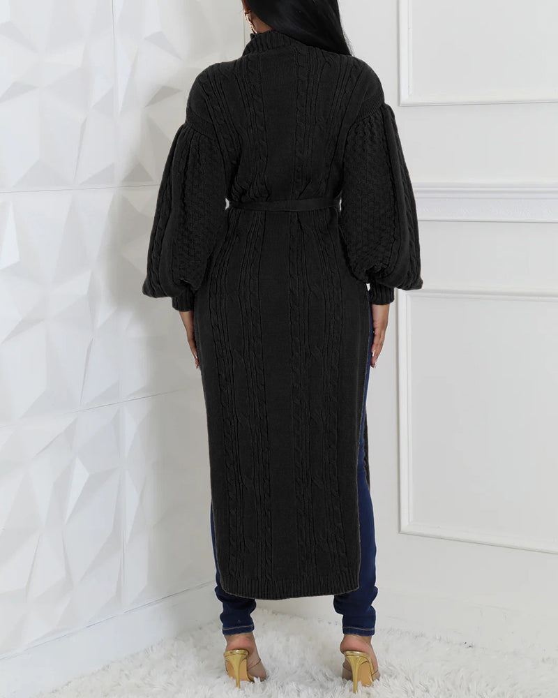 Cable Textured High Neck Lantern Sleeve Bow Tie Waist Sweater Casual High Slit Knit Longline Top - Image 9