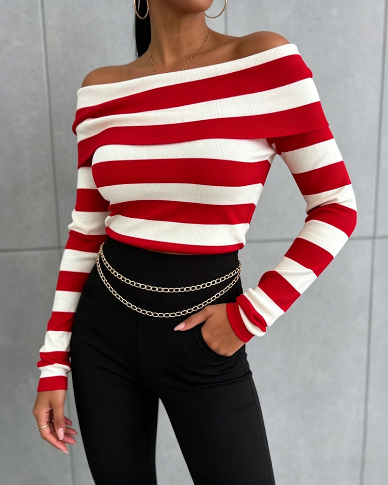 Women's Foldover Off Shoulder Striped Pullover Long Sleeve Slim Fit Knit Top - Image 14