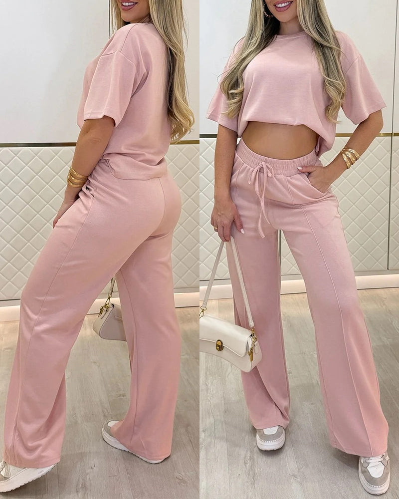 2 Pieces Outfit O-neck Short Sleeve Side Slit Top and Casual Drawstring Elastic Waist Seam Front Wide Leg Pants Set - Image 7