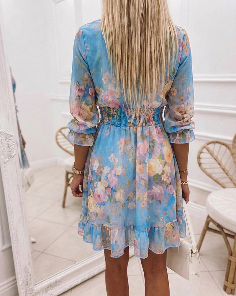 CHICME Women's Watercolor Floral Chiffon Dress Overlap V-Neck Shirred High Waist Vacation Dress A-Line Ruffle Hem Dress - Image 2