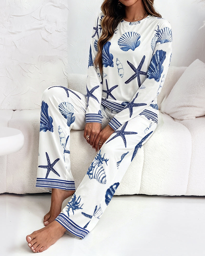 Women's 2 Piece Ocean Style Pajama Set Long Sleeve Top and Wide Leg Pants Casual Lounge Set - Image 3