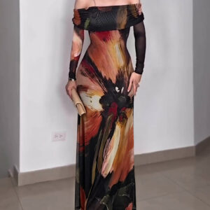 Women's Oil Painting Print Foldover Off-Shoulder Mesh Overlay Maxi Dress Long SleeveRuched Mermaid Long Dress