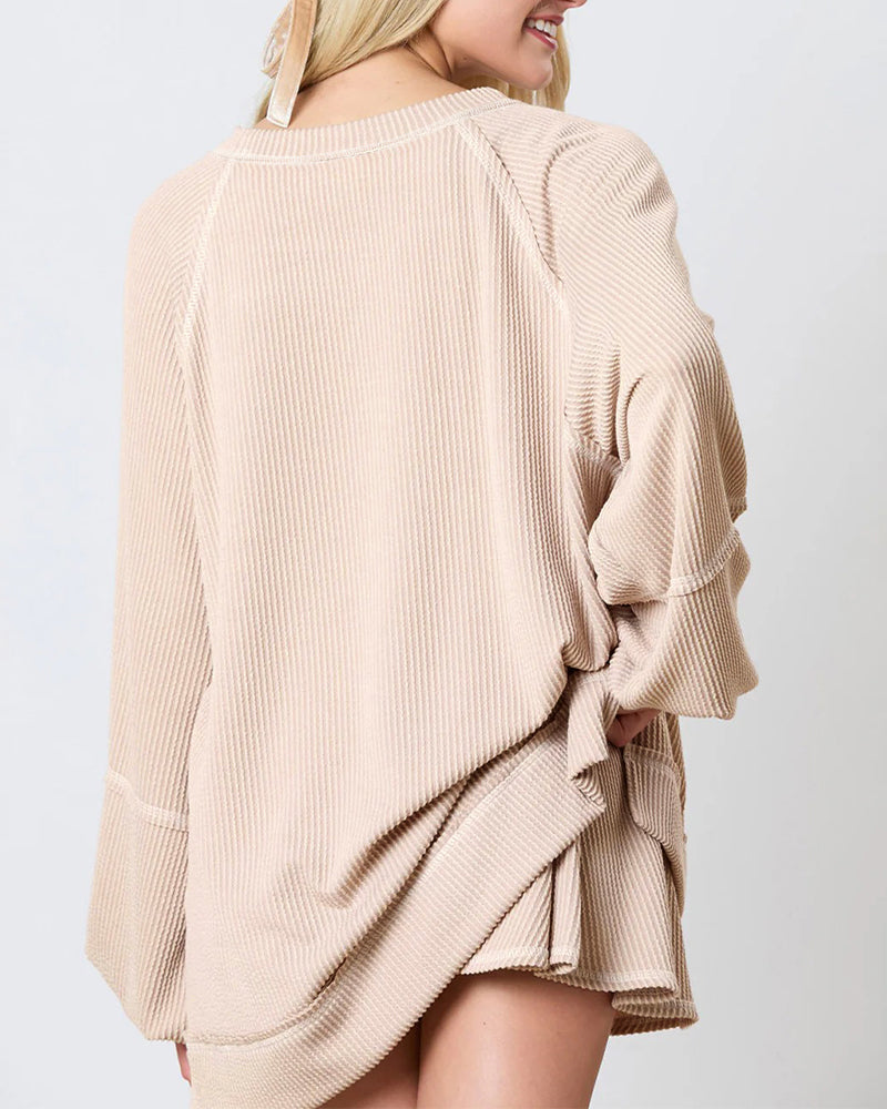 Women's 2 Piece Textured Set Lantern Sleeve Side Slit Loose Top and Ruffle A Line Skort - Image 2