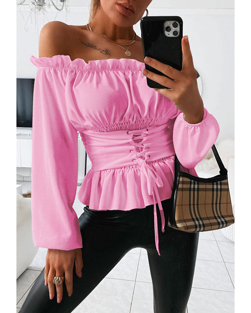 Frill Trim Off Shoulder Long Sleeve Lace-up Front Blouse Casual Shirred Waist Flared Hem Top - Image 5