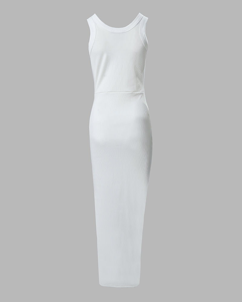Side Slit Drawstring Ruched Bodycon Casual Sun Maxi Dresses Sleeveless Ribbed Tank Dress - Image 7