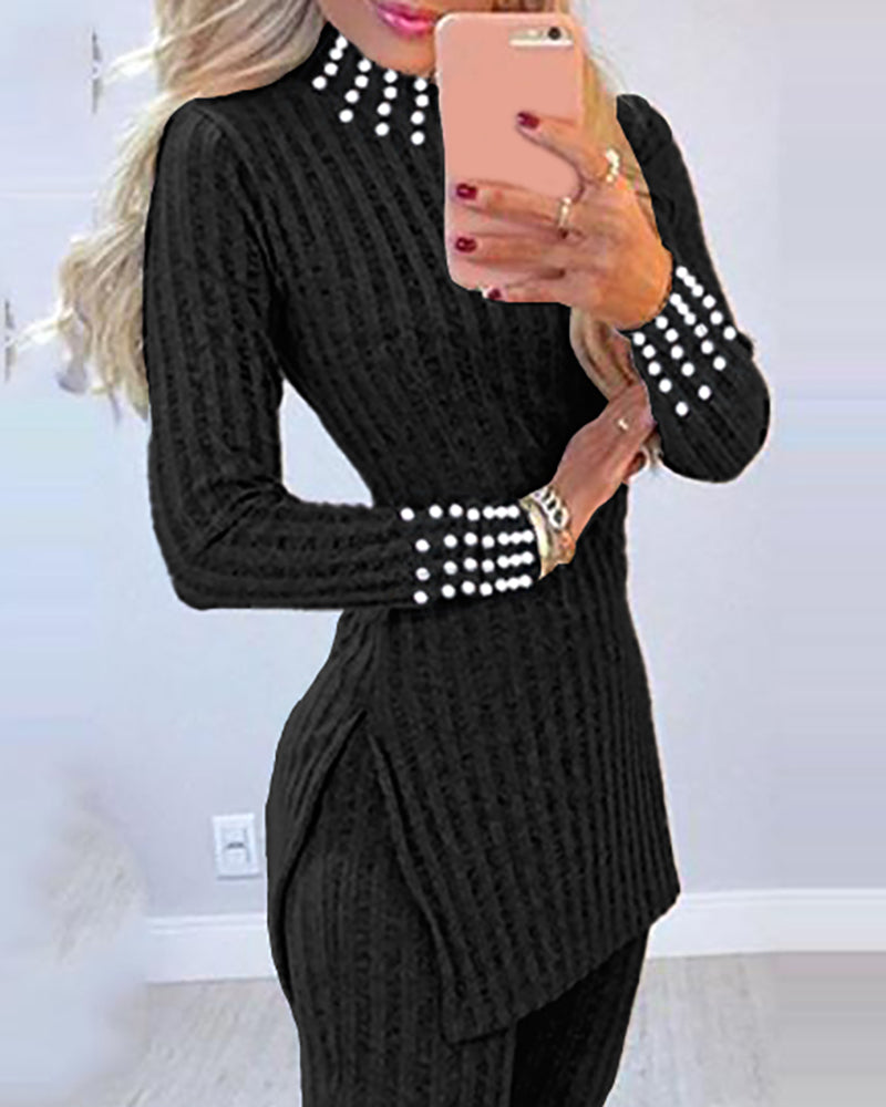 2 Piece Outfits Long Sleeve Beaded Side Slit Knit Top High Waist Skinny Pants Lounge Sets - Image 3