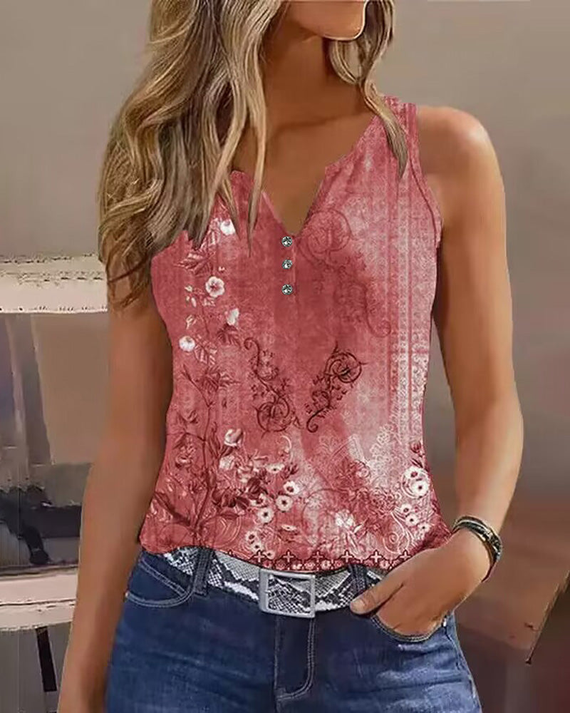 CHICME Women's Casual Floral Print Tank Top Sleeveless Notch Neck Vest with Rhinestone Accents - Image 6