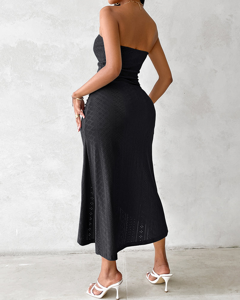 Sleeveless Ruched Cinched Waist Draped Bandeau Dress Eyelet Embroidery Slit Asymmetrical Hem Vacation Dress - Image 16