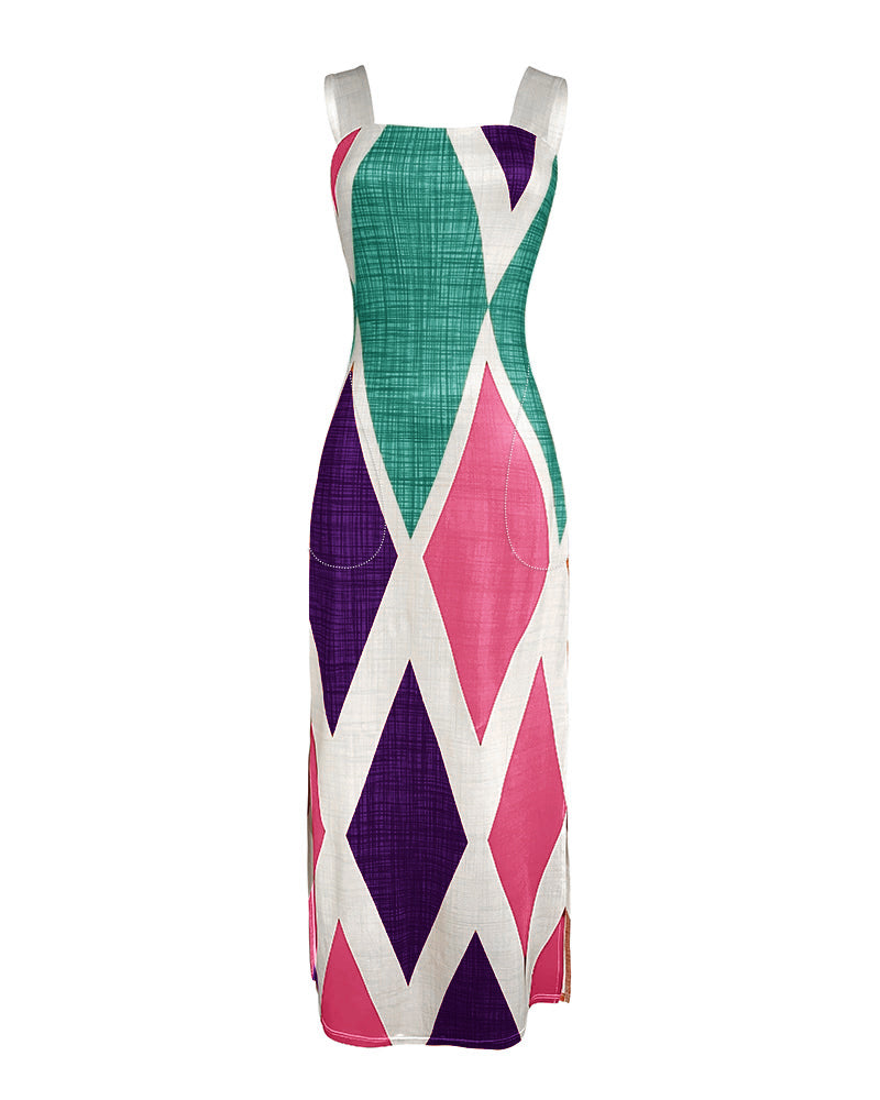 Geometric Print Square Neck Thick Strap Vacation Dress Casual Slim Fit Slit Maxi Dress - Image 19
