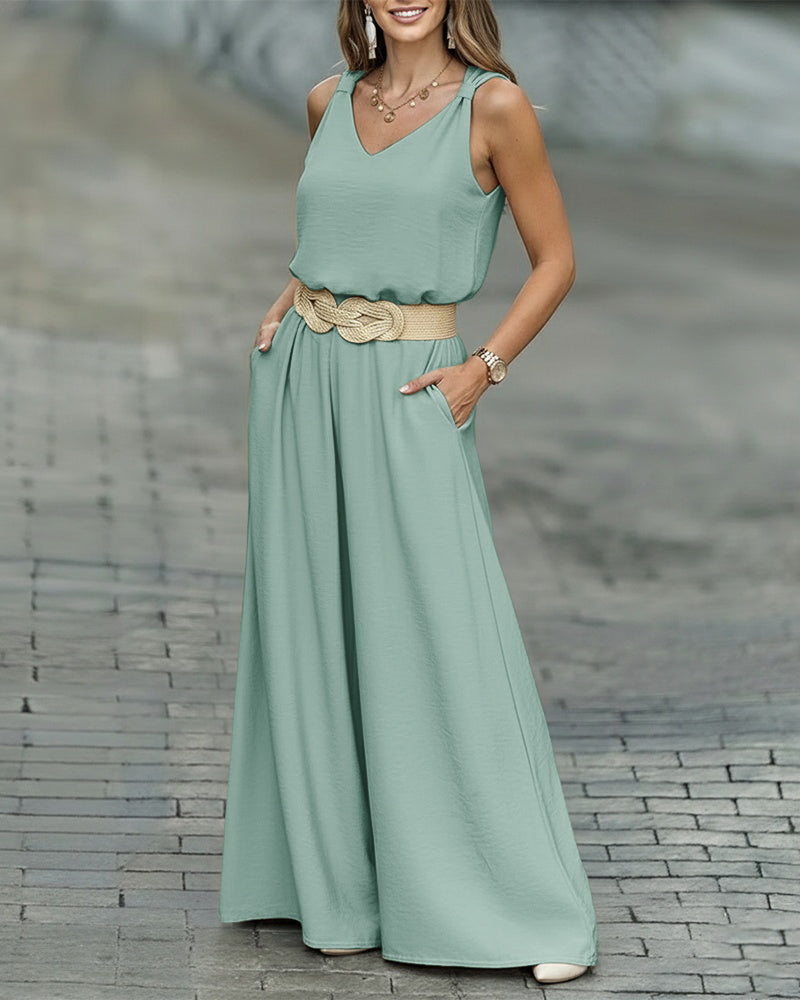 2 Pieces Outfit V-Neck Shoulder Bowknot Design Sleeveless Tank Top and Casual Zipper Fly Elastic Back Waist Wide Leg Pants Set without Belt - Image 10