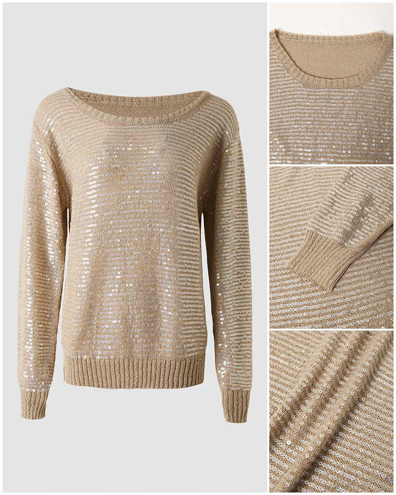Women's Sequin Knit Sweater Loose Skew Neck Pullover Top Sheer Hollow Out Shimmering Long Sleeve Top - Image 5