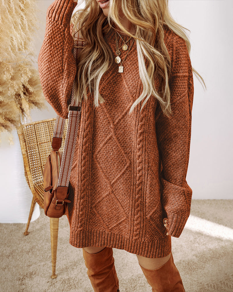 Round Neck Long Sleeve Drop Shoulder Pullover Sweater Casual Loose Fit Cable Knit Mid Length Sweater - Image 16