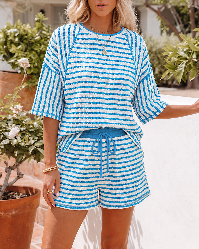 Women's Striped Textured 2 Piece Set Crewneck Raglan Half Sleeve Top and Elastic Drawstring Shorts Casual Loungewear - Image 4