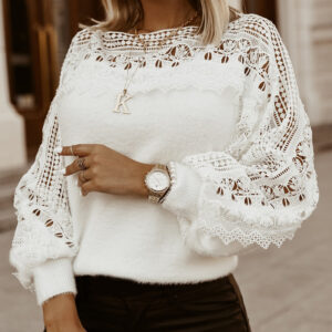 Crewneck Guipure Lace Long Sleeve Hollow Out Knit Sweaters Pullover Tops