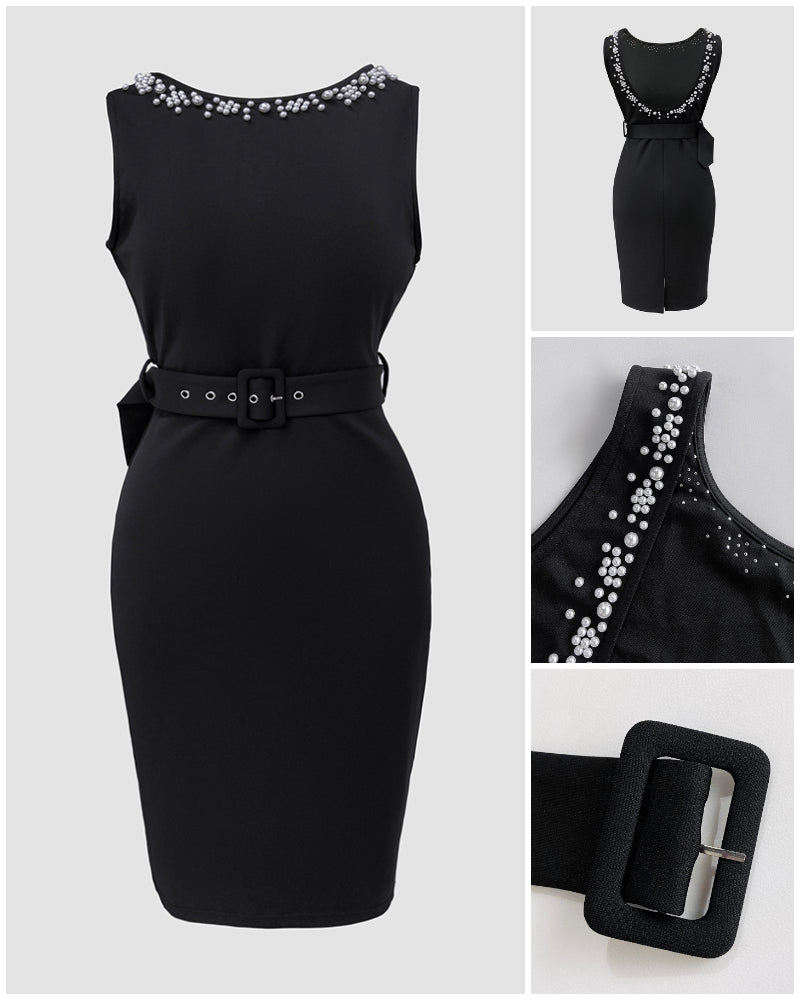 Pearls Decor Sleeveless Backless Slit Back Party Dress Zipper Back Bodycon Dress With Belt - Image 3