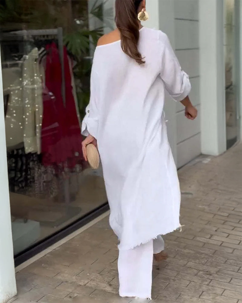 2 Pieces Outfit Button Decor One Shoulder Turn-Up Sleeves Slit Raw Edges Top and Casual Drawstring Elastic Waist Wide Leg Pants Set - Image 2