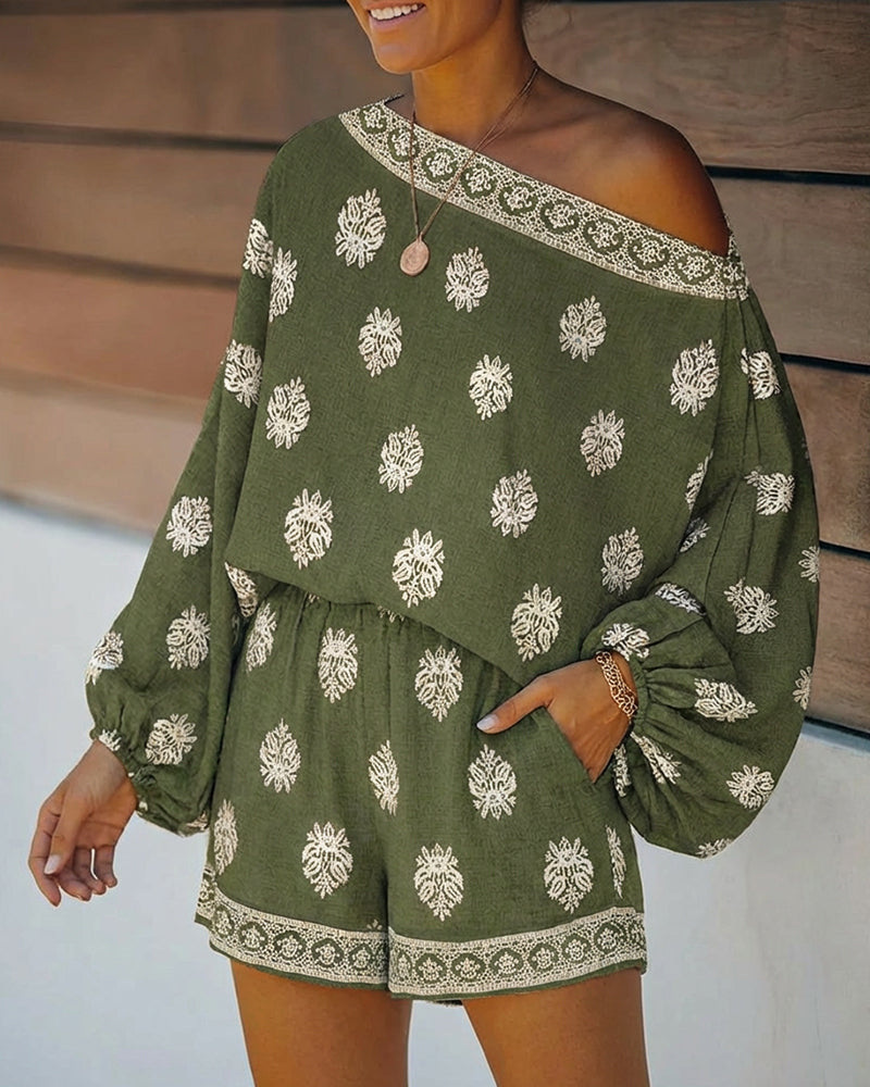 2 Pieces Outfit Boho Skew Neck Lantern Sleeve Top and Elastic Waist Shorts Set Casual Vintage Baroque Placement Print Vacation Set - Image 4