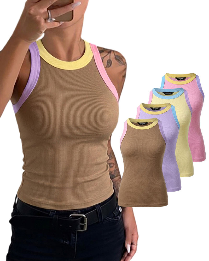 Women's Contrast Trim Ribbed Tank Top Slim Fit Sleeveless Round Neck Basic Camisole for Streetwear & Layering - Image 3