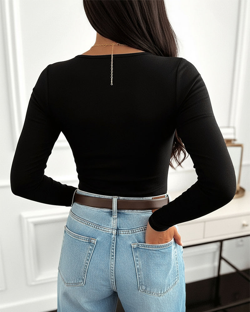 Metal Decor V-Neck Long Sleeve Sexy Hollow-out Slim Fit Top - Image 7
