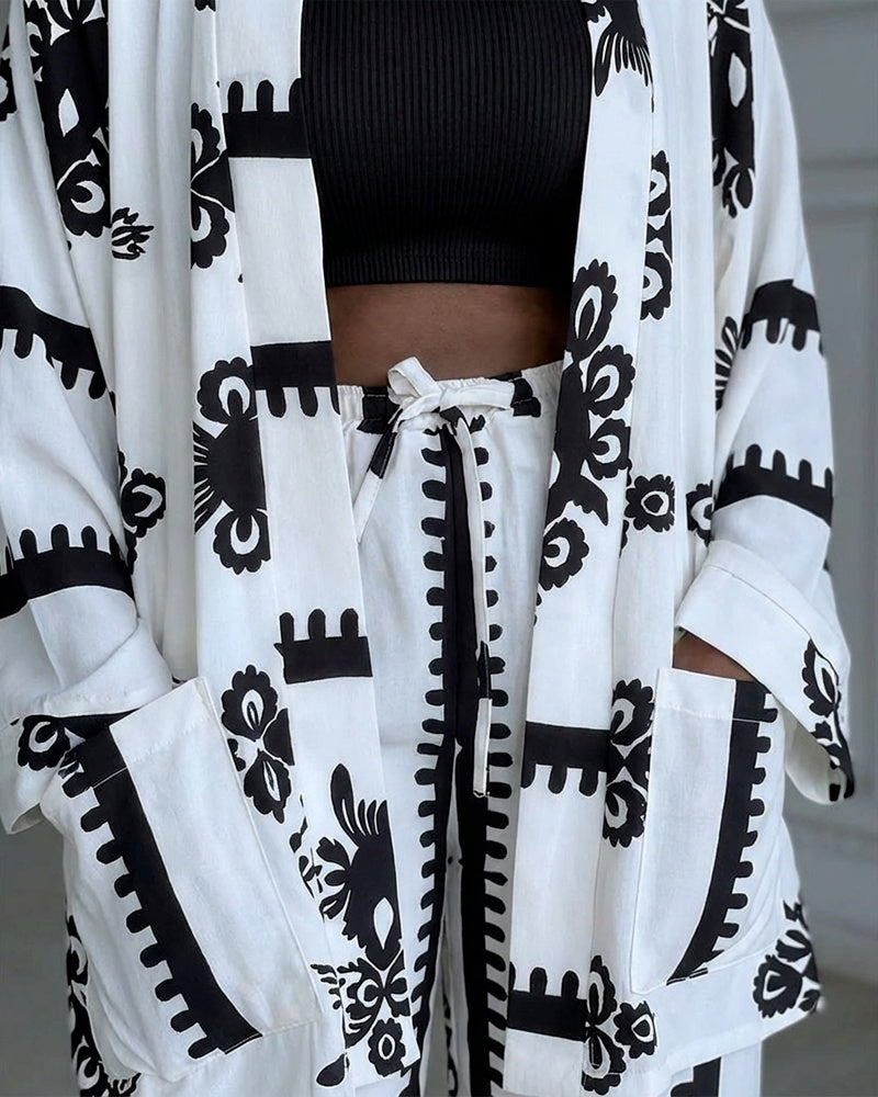 2 Pieces Outfit Open Front Long Sleeve Coat and Drawstring Elastic Waist Wide Leg Pants Set Casual Vintage Baroque Print Loose Fit Set without Tank Top - Image 6