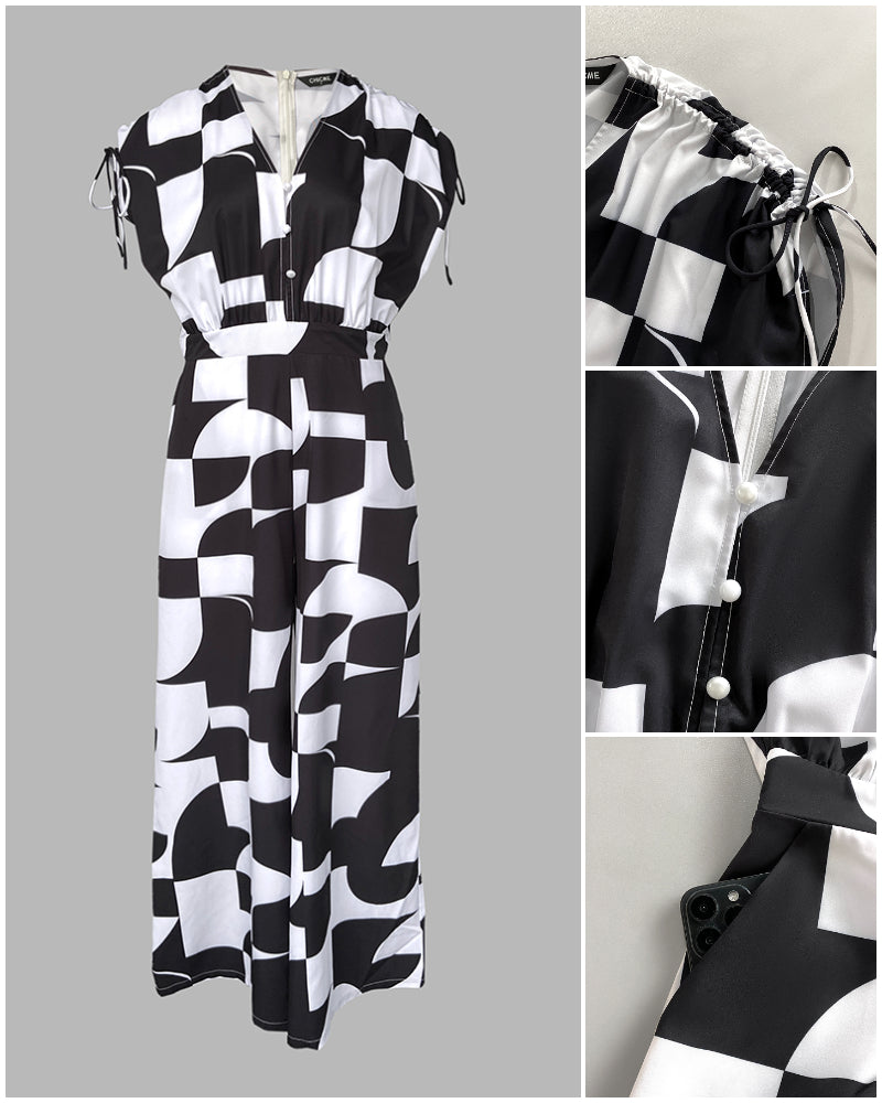 Geometric Print V-Neck Drawstring Short Sleeve Button Front Overalls Casual High Waist Zipper Back Wide Leg Jumpsuit - Image 5