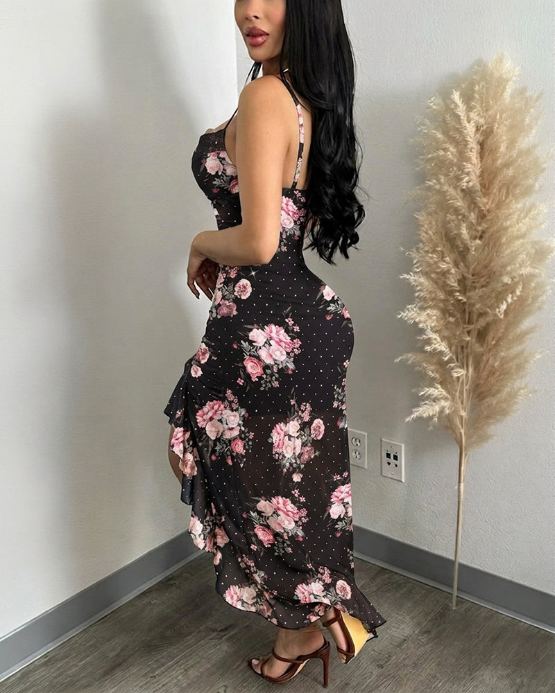 Women's Floral Cowl Neck Cami Midi Dress Casual Rhinestone Mesh Vacation Dress Slit Ruffle Hem Sundress - Image 3