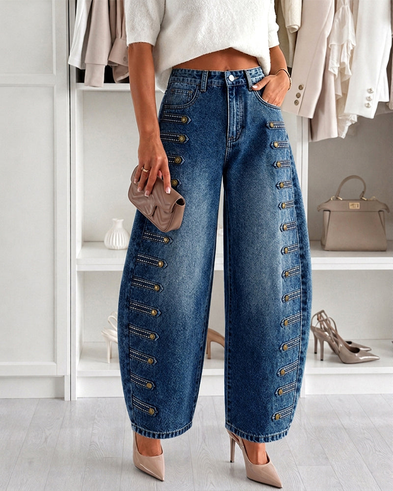 Women's Wide Leg Jeans High Waisted Side Button Denim Pants Distressed Washed Trousers Retro Y2K Streetwear - Image 8
