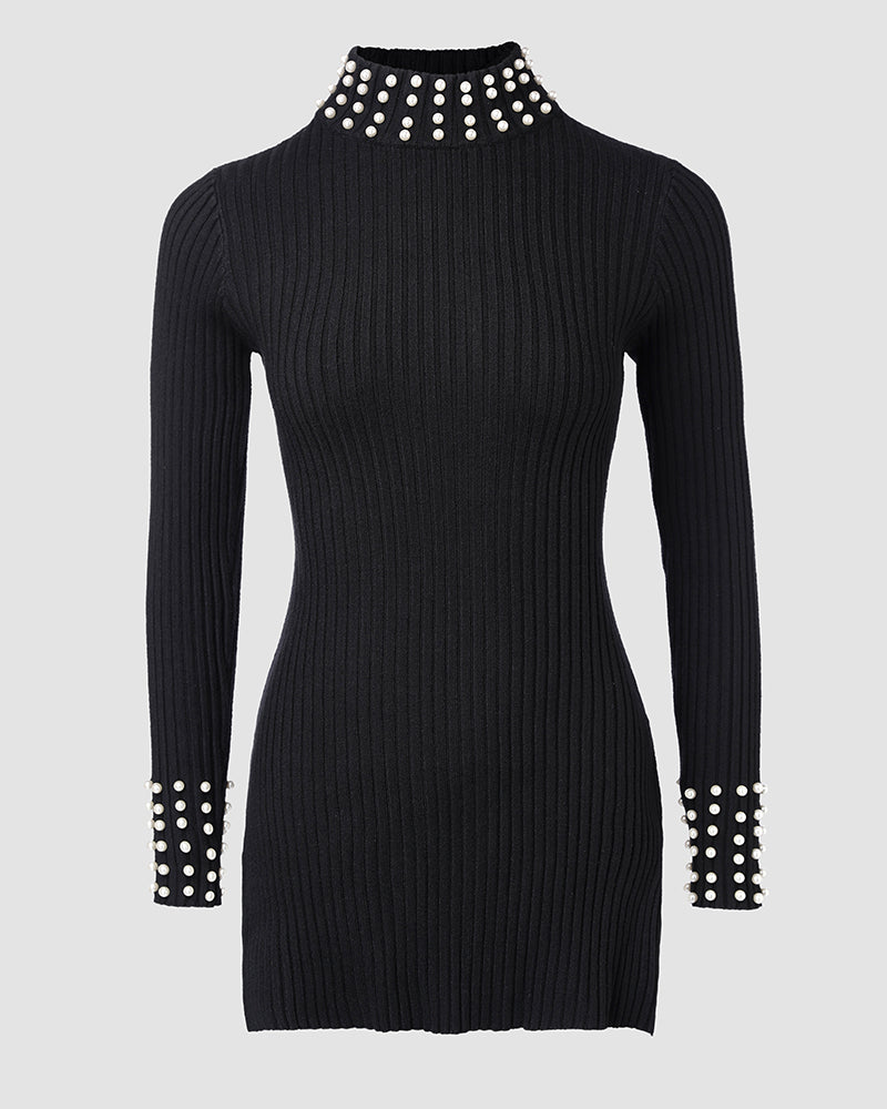 2 Piece Outfits Long Sleeve Beaded Side Slit Knit Top High Waist Skinny Pants Lounge Sets - Image 4