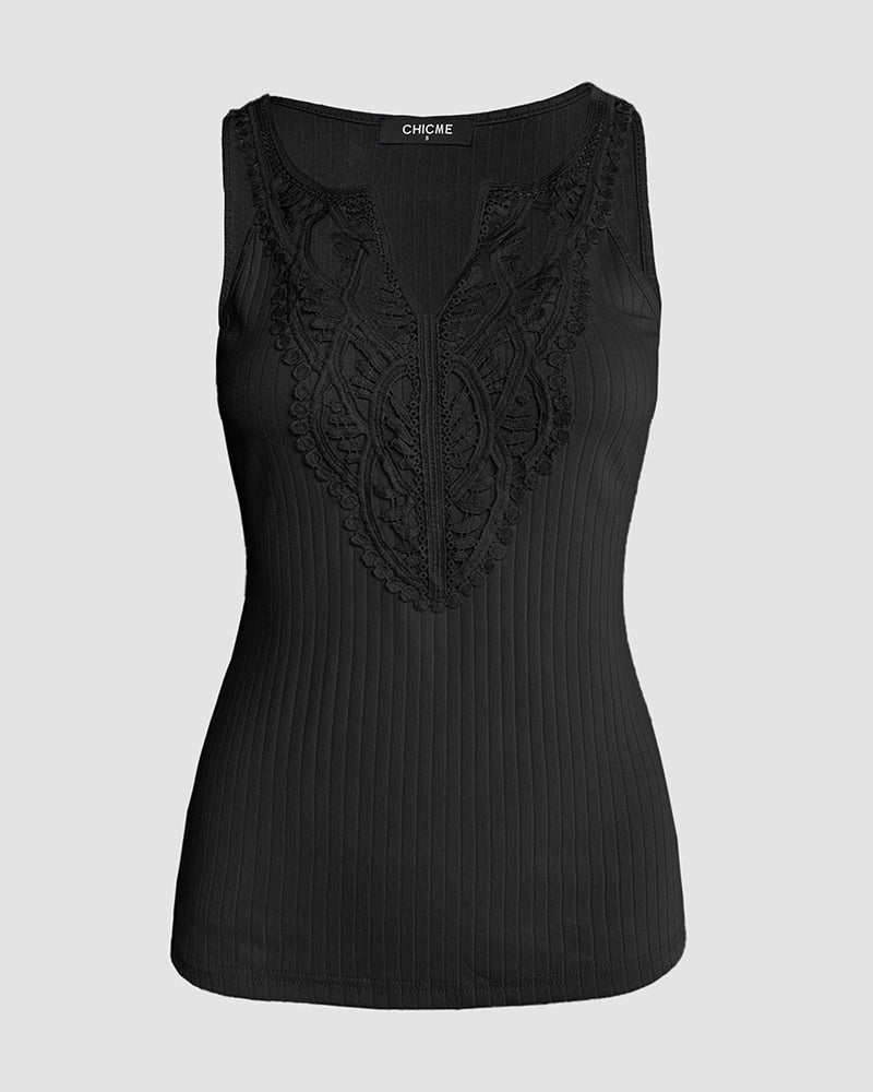 Contrast Lace V Neck Sleeveless Knit Top Casual Slim Fit Tank - Image 9