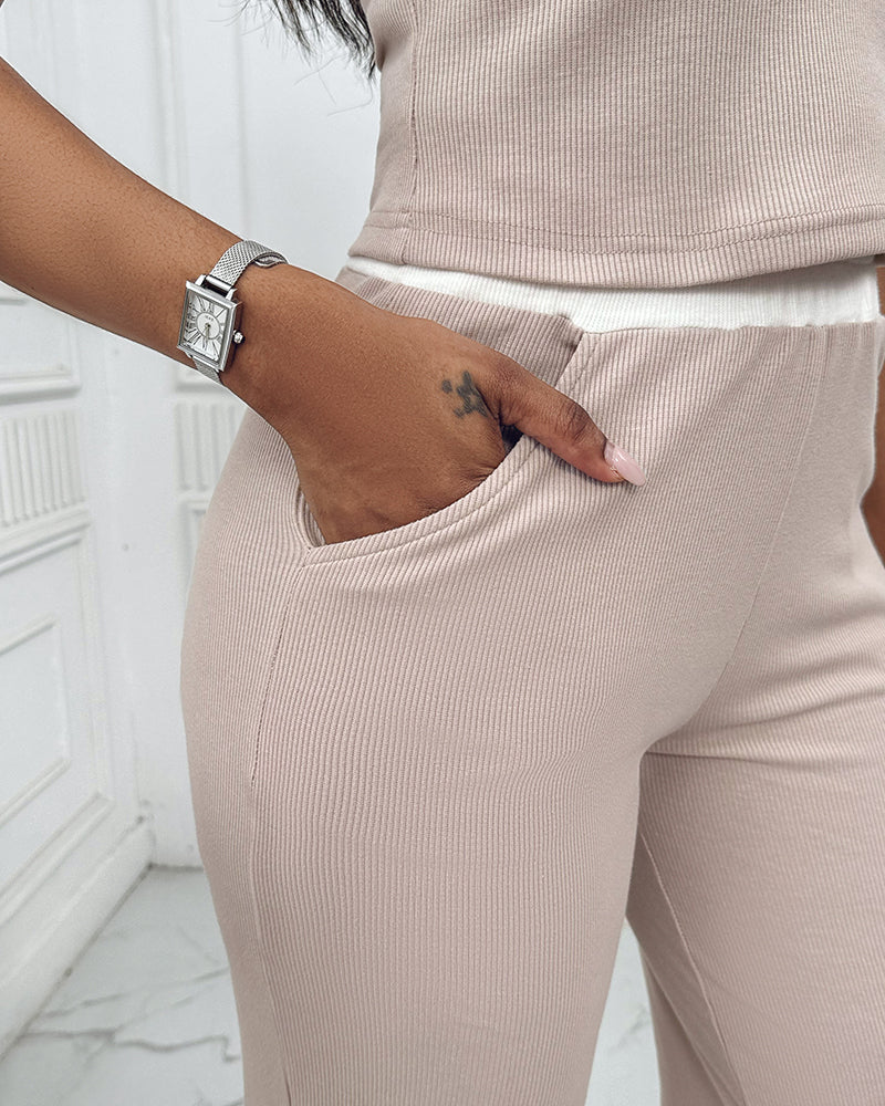 2 Piece Outfits Notch Neck Sleeveless Top Stretchy Waist Straight Leg Pants Lounge Sets Tracksuit - Image 6