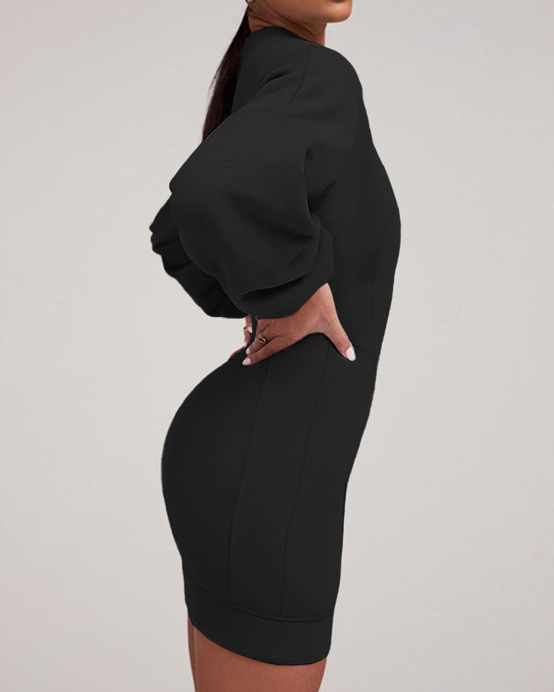 Lantern Sleeve Bodycon Pullover Sweatshirt Dress Crew Neck Mini Dress - Image 17
