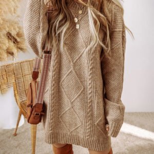 Round Neck Long Sleeve Drop Shoulder Pullover Sweater Casual Loose Fit Cable Knit Mid Length Sweater