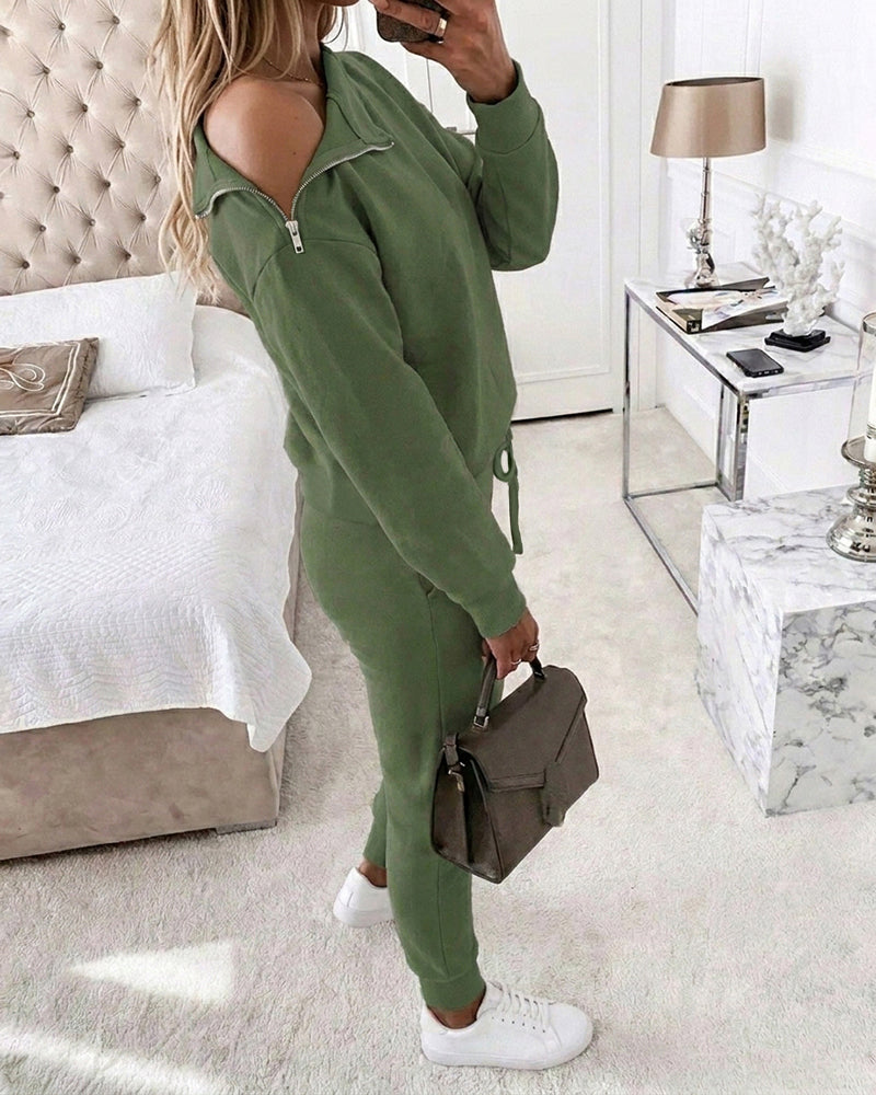 Women's 2 Piece Sweatsuit Outfits Zipper Mock Neck Sweatshirt and Joggers Pants Set Casual Loungewear with Pockets - Image 4