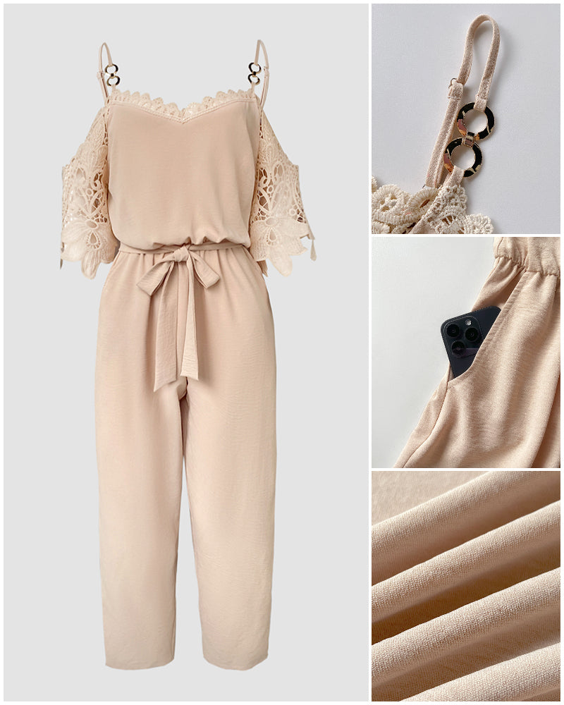 Women's Cold Shoulder Jumpsuit Gold Chain Lace Patchwork Overalls Tapered Leg Jumpsuits with Pockets & Belt - Image 7