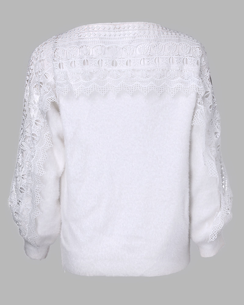 Crewneck Guipure Lace Long Sleeve Hollow Out Knit Sweaters Pullover Tops - Image 11