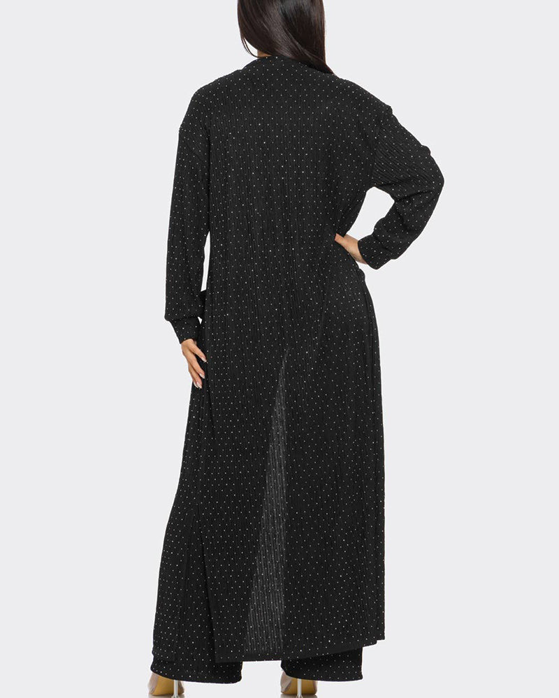 3 Pieces Outfits Cozy Comfort Glitter Long Sleeve Longline Coat and Cropped Ribbed Knit Tank Wide Leg Pants Set - Image 4