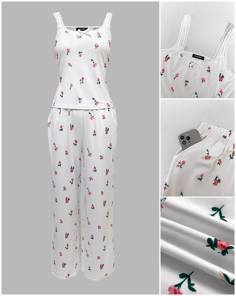 Women's Ditsy Floral Print 2 Piece Pajamas Set Lace Cami Top and Pants Casual Loungewear Bowknot Sleepwear - Image 6