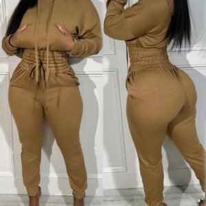 2 Pieces Outfit Drop Shoulder Kangaroo Pocket Stretchy Hem Crop Drawstring Hoodie Sweatshirt And Drawstring Elastic Waist Jogger Sweatpants Casual Tracksuit