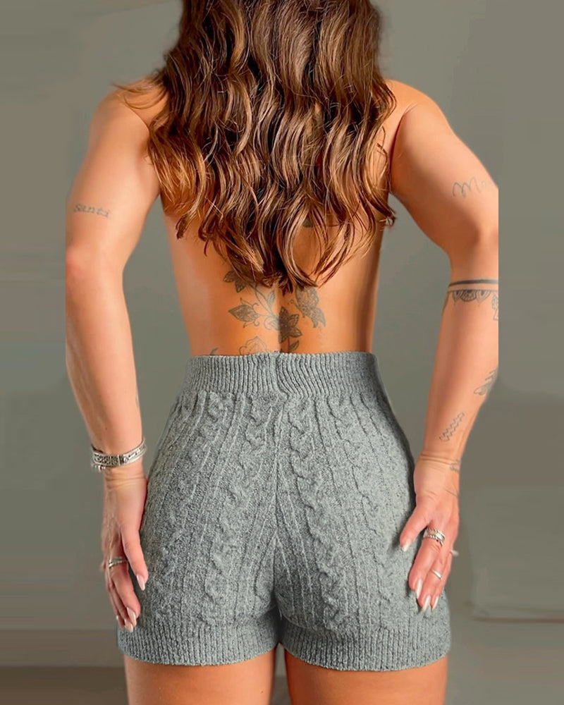 2 Piece Crewneck Long Sleeve Cable Knit Crop Sweater High Waist Shorts Tracksuits Outfits - Image 6