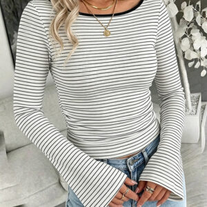 Women's French Boat Neck Striped Top Long Flare Sleeve Ribbed Knit Blouse Ruched Slim Fit Pullover