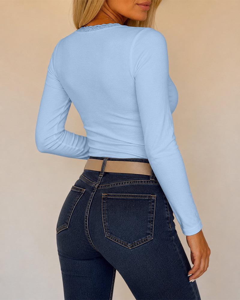 Women's Lace V Neck Ruched T Shirt Slim Fit Long Sleeve Tee Casual Elegant Top - Image 27