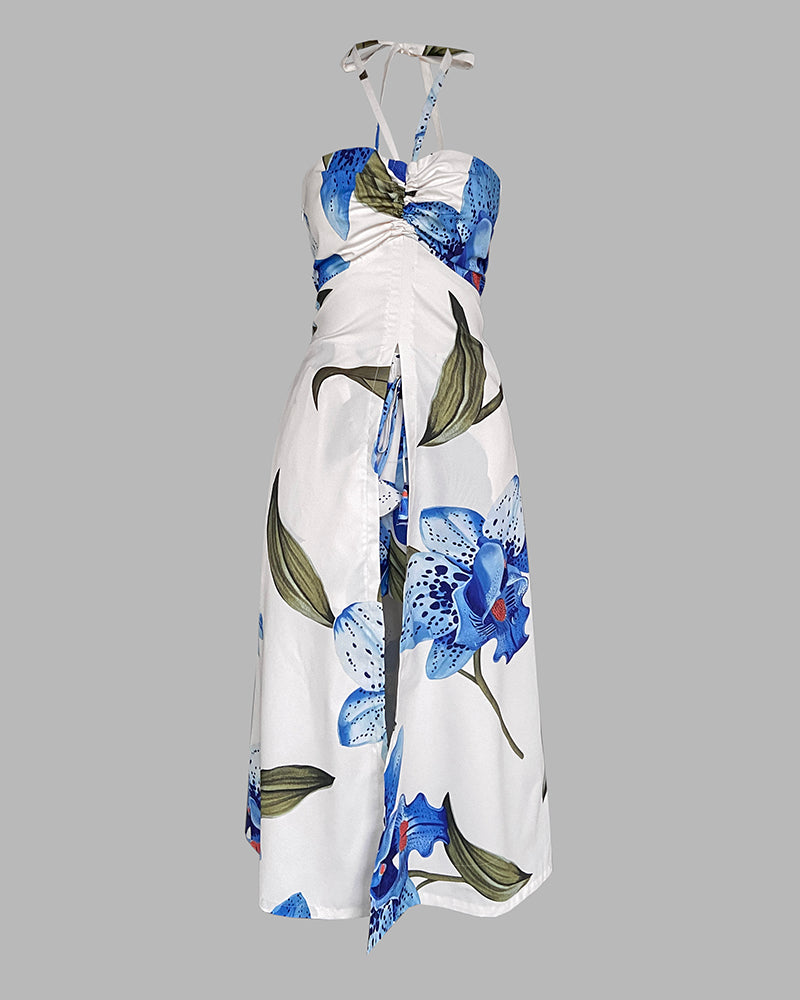 2 Pieces Outfit Floral Print Halter Slit Long Top and Casual Drawstring Shorts Set with Pockets - Image 5