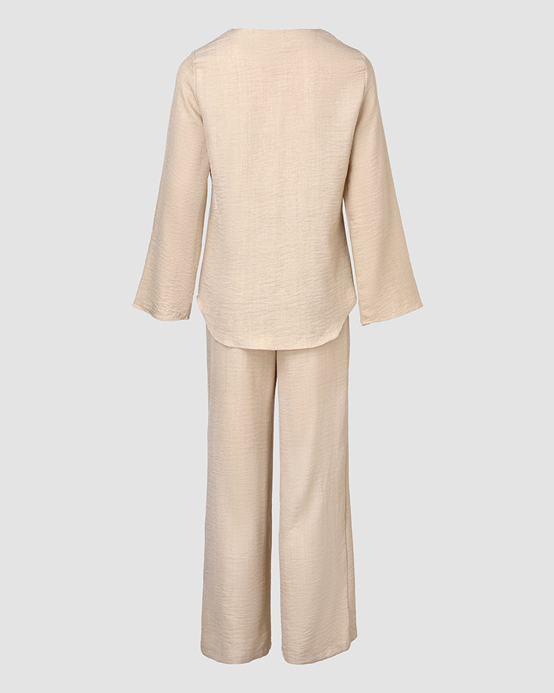 2 Piece Notch Neck Long Sleeve Asymmetrical Hem Tops Stretchy Waist Straight Leg Pants Lounge Sets Tracksuit - Image 5