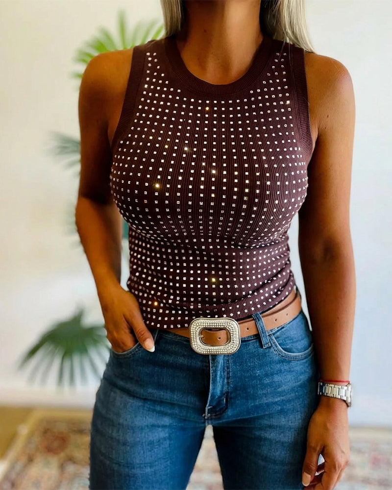 Rhinestone Decor O-neck Sleeveless Tee Slim Fit Ribbed Tank Top - Image 4