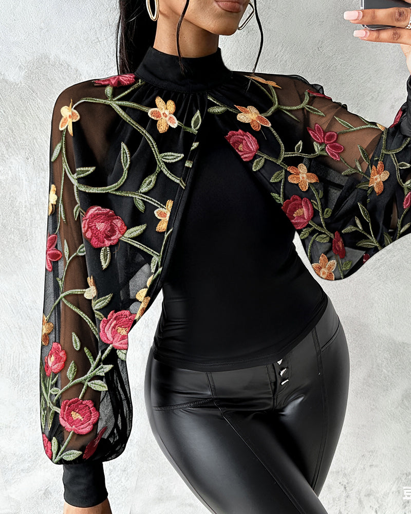 Mock Neck Floral Embroidery Cape-style Mesh Lantern Sleeve Spliced Blouse Ruched Hollow-out Back Slim Fit Top - Image 4